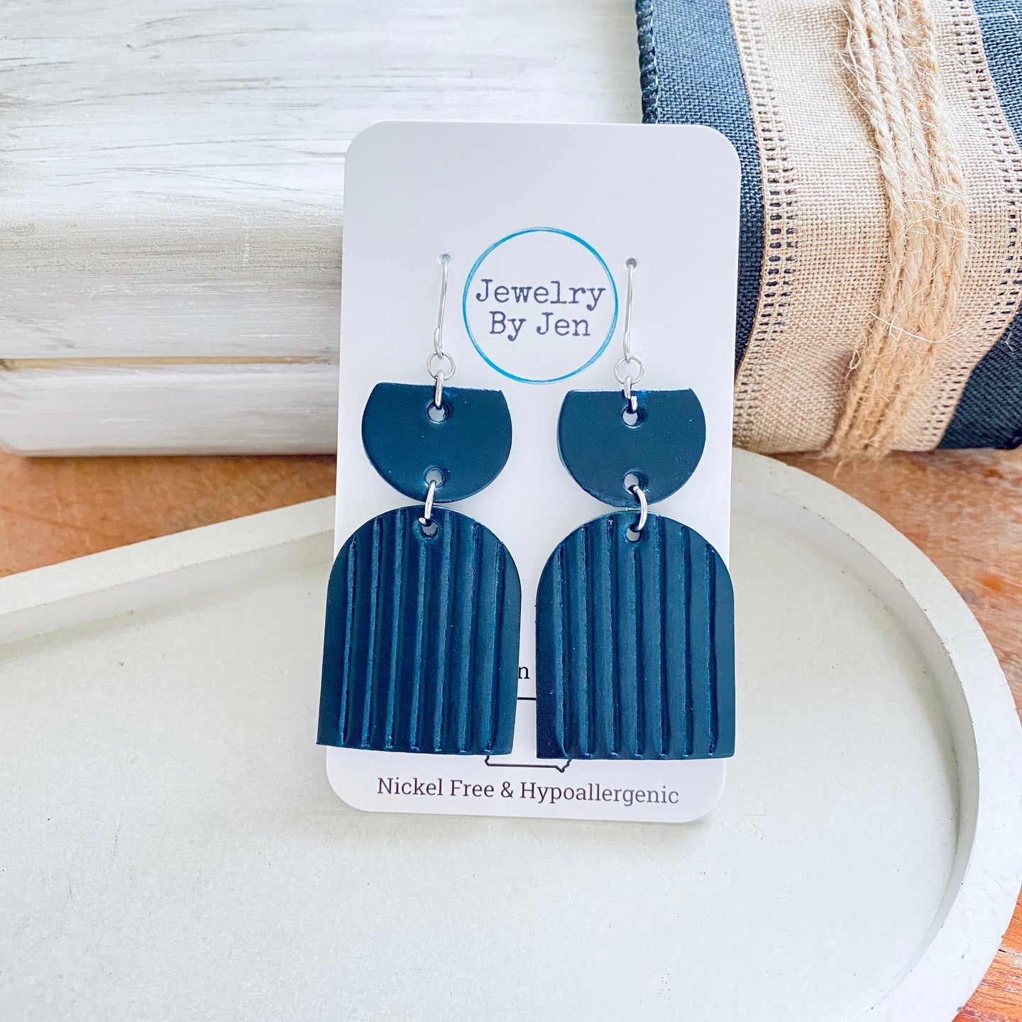 Embossed Arch Earrings: Navy