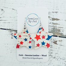 Load image into Gallery viewer, Star Earrings: Red, White &amp; Blue Fine Cork