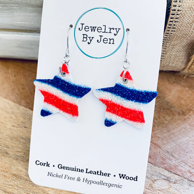 Star Earrings (Small): Red, White & Blue Fine Glitter