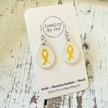 Load image into Gallery viewer, Small Teardrop Earrings: White w/Awareness Ribbon
