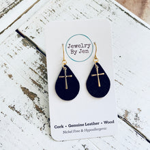 Load image into Gallery viewer, Small Teardrop Earrings: Black w/Gold Cross