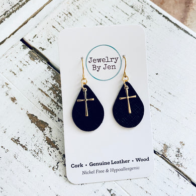 Small Teardrop Earrings: Black w/Gold Cross