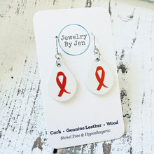 Load image into Gallery viewer, Small Teardrop Earrings: White w/Awareness Ribbon