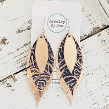 Load image into Gallery viewer, Jagged Feather Earrings: Rose Gold &amp; Navy Tooled