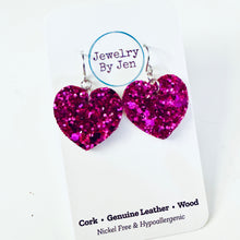 Load image into Gallery viewer, Small Heart Earrings: Fuchsia Glitter