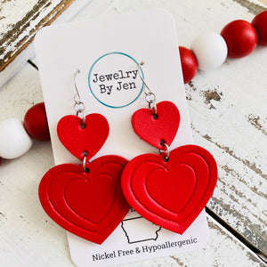 Embossed Double Heart Earrings: Fire Red