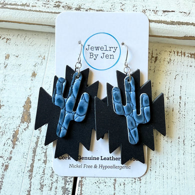 Southwest Earrings: Black w/Denim Croc Cactus