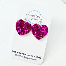 Load image into Gallery viewer, Small Heart Earrings: Fuchsia Glitter