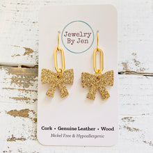 Load image into Gallery viewer, Bow w/Paperclip Charm Earrings: Fine Gold Glitter