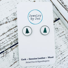 Load image into Gallery viewer, Stud Earrings: White w/Green Christmas Tree