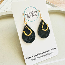 Load image into Gallery viewer, Small Teardrop Earrings: Black Western Tooled w/Horseshoe Charm