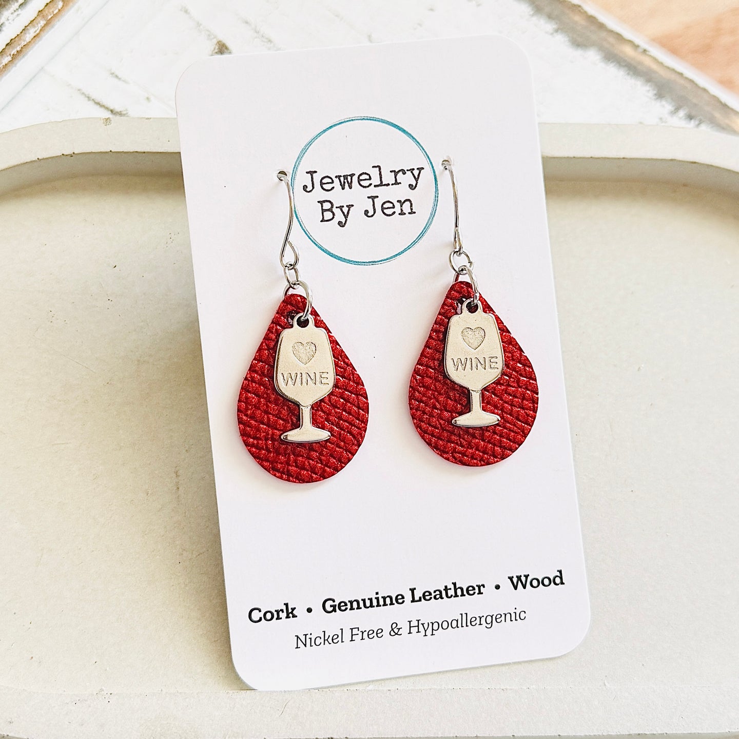 Small Teardrop Earrings: Ruby Red Saffiano w/WineCharm