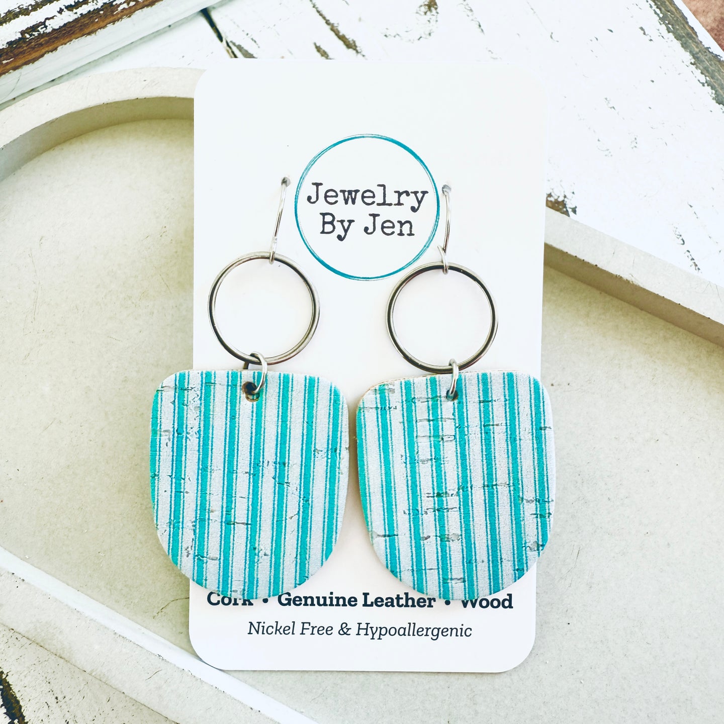 Boho Dangle Earrings:  White & Turquoise Striped Cork