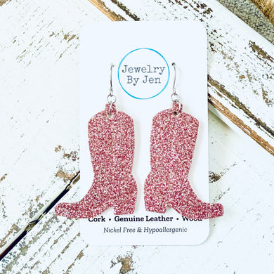 Cowgirl Boot Earrings: Fine Pink Glitter