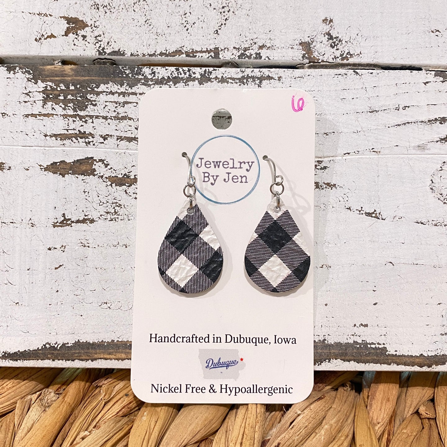 Small Teardrop: Black & White Buffalo Plaid