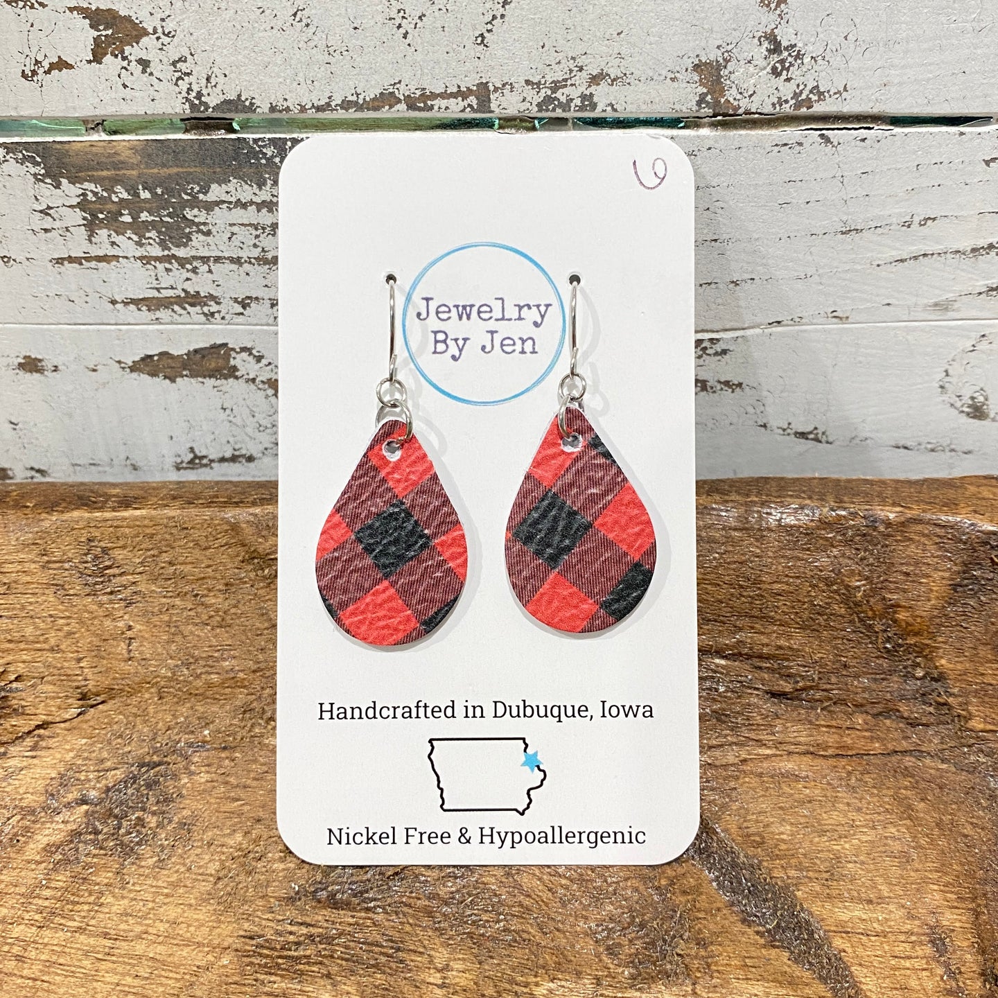 Small Teardrop: Black & Red Buffalo Plaid