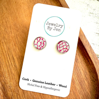 Stud Earrings: Cracked Ice Silver & Pink