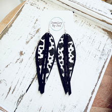 Load image into Gallery viewer, Narrow Fringe Feather Earrings: Black &amp; Cow Print