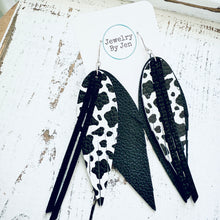Load image into Gallery viewer, Narrow Fringe Feather Earrings: Black &amp; Cow Print