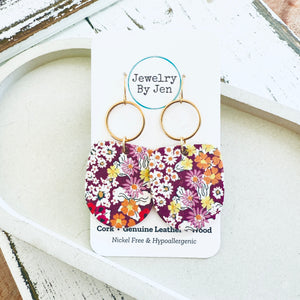 Boho Dangle Earrings: Magenta Floral Cork