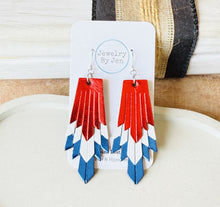 Load image into Gallery viewer, Boho Fringe Earrings: Red, White &amp; Blue Metallic