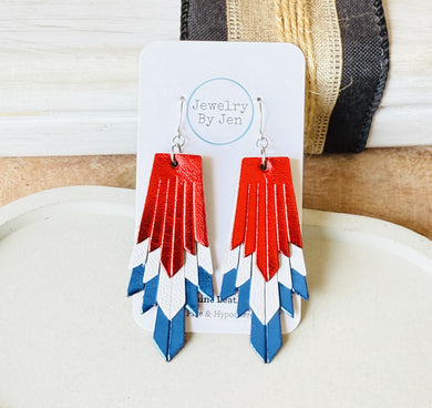 Boho Fringe Earrings: Red, White & Blue Metallic