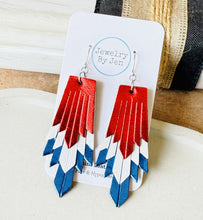 Load image into Gallery viewer, Boho Fringe Earrings: Red, White &amp; Blue Metallic