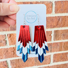 Load image into Gallery viewer, Boho Fringe Earrings: Red, White &amp; Blue Metallic