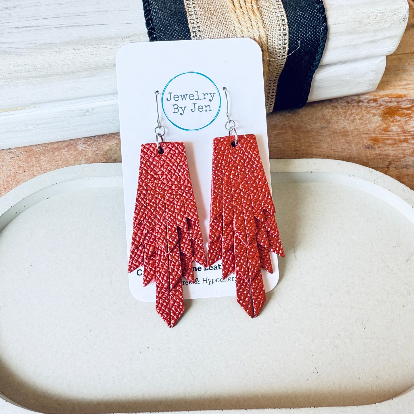 Boho Fringe Earrings: Ruby Red Saffiano