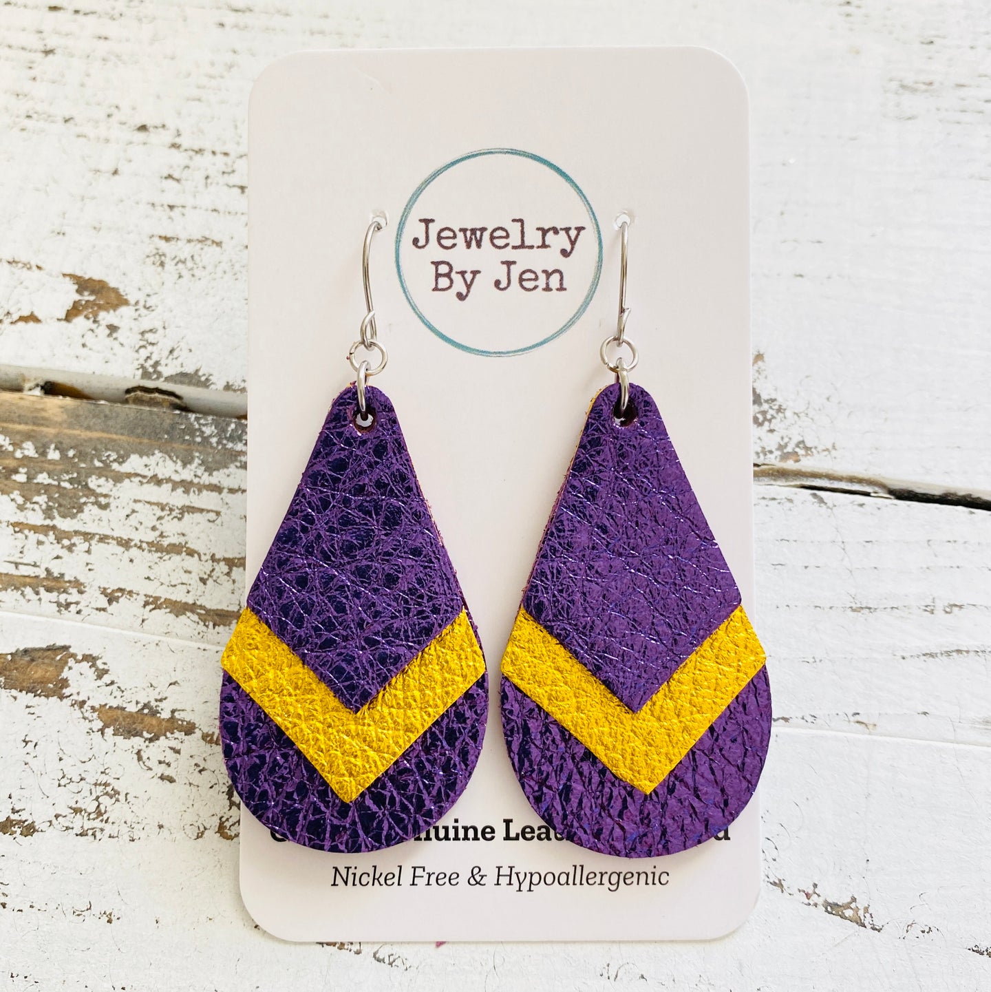 Triple Stacked Teardrop Earrings: Metallic Purple & Yellow
