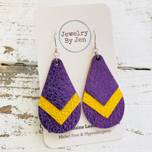 Load image into Gallery viewer, Triple Stacked Teardrop Earrings: Metallic Purple &amp; Yellow