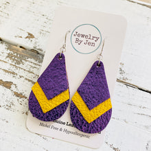 Load image into Gallery viewer, Triple Stacked Teardrop Earrings: Metallic Purple &amp; Yellow