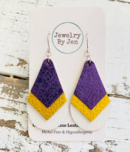 Load image into Gallery viewer, Triple Stacked Teardrop Earrings: Metallic Purple, Yellow &amp; White