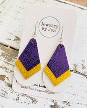 Load image into Gallery viewer, Triple Stacked Teardrop Earrings: Metallic Purple, Yellow &amp; White