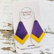 Load image into Gallery viewer, Triple Stacked Teardrop Earrings: Metallic Purple, Yellow &amp; White