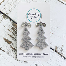 Load image into Gallery viewer, Christmas Tree Earrings: Fine Silver Glitter w/Bow Charm