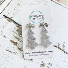 Load image into Gallery viewer, Christmas Tree Earrings: Fine Silver Glitter w/Bow Charm