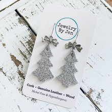 Load image into Gallery viewer, Christmas Tree Earrings: Fine Silver Glitter w/Bow Charm
