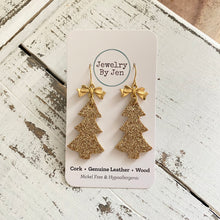 Load image into Gallery viewer, Christmas Tree Earrings: Fine Gold Glitter w/Bow Charm