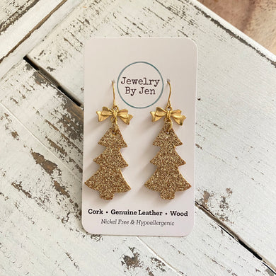 Christmas Tree Earrings: Fine Gold Glitter w/Bow Charm