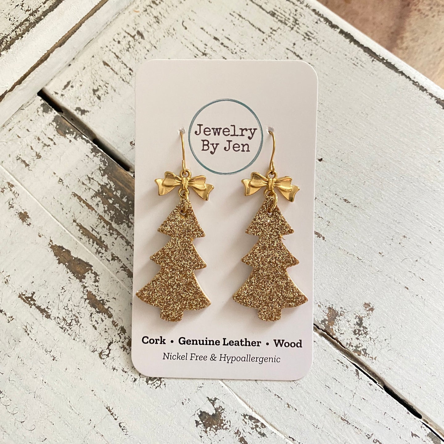 Christmas Tree Earrings: Fine Gold Glitter w/Bow Charm
