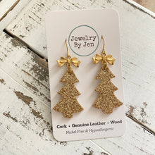 Load image into Gallery viewer, Christmas Tree Earrings: Fine Gold Glitter w/Bow Charm