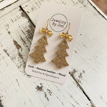 Load image into Gallery viewer, Christmas Tree Earrings: Fine Gold Glitter w/Bow Charm