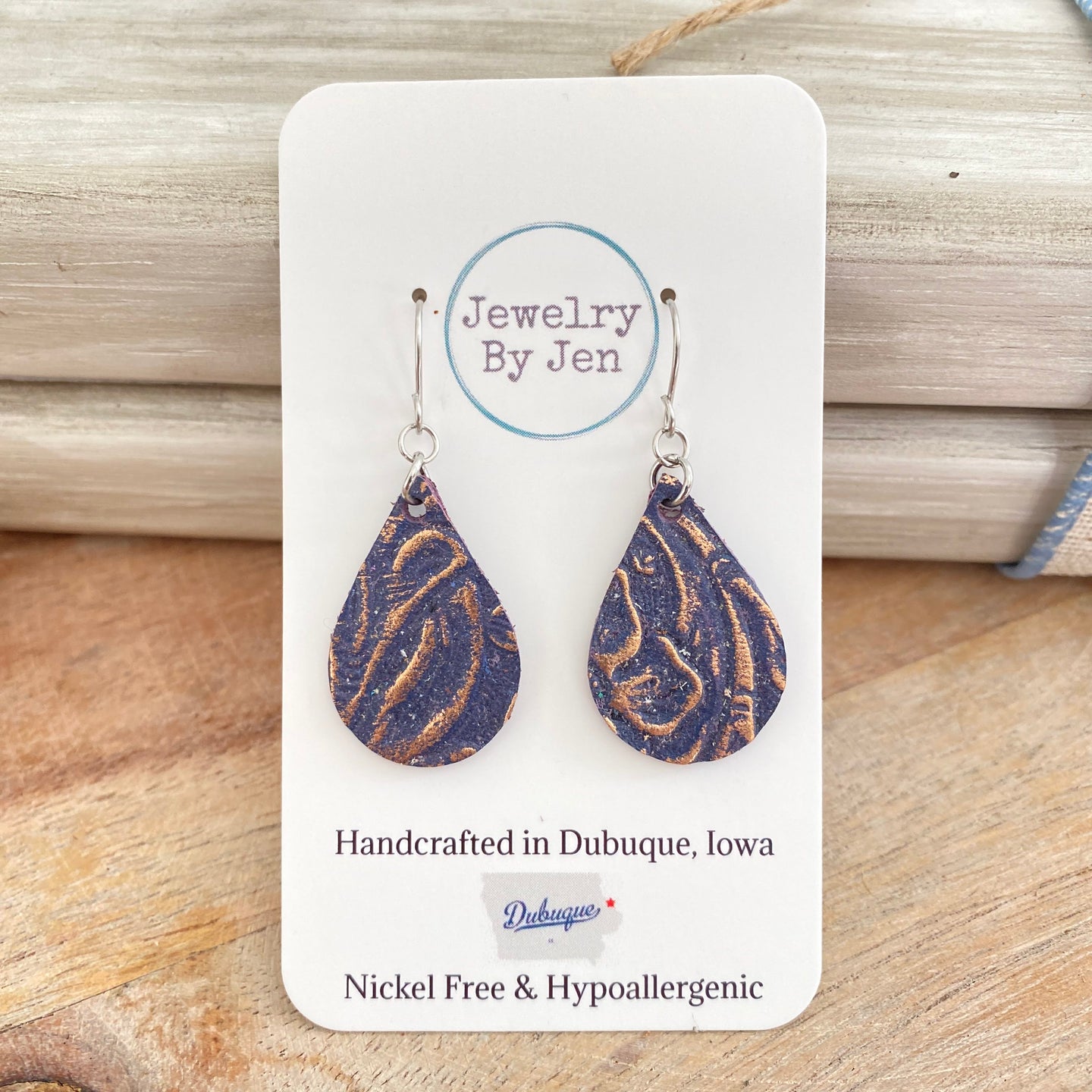 Small Teardrop Earrings: Navy & Rose Gold Tooled