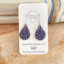 Load image into Gallery viewer, Small Teardrop Earrings: Navy &amp; Rose Gold Tooled