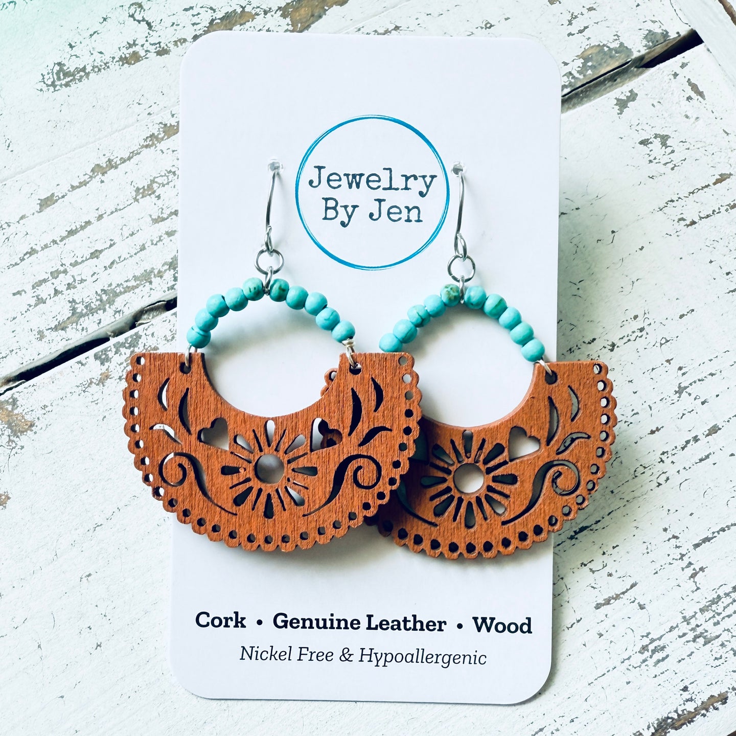 Wood Cutout Earrings: Brown & Turquoise