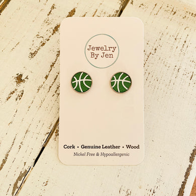 Stud Earrings: Green & White Basketball