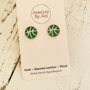 Stud Earrings: Green & White Basketball