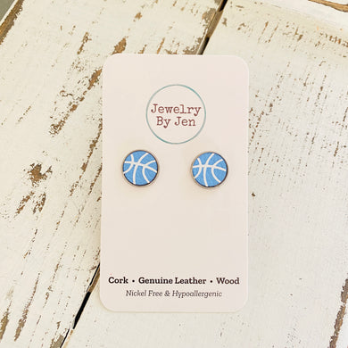 Stud Earrings: Carolina Blue & White Basketball