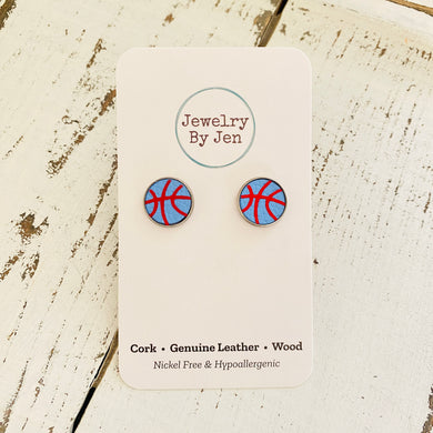 Stud Earrings: Carolina Blue & Red Basketball